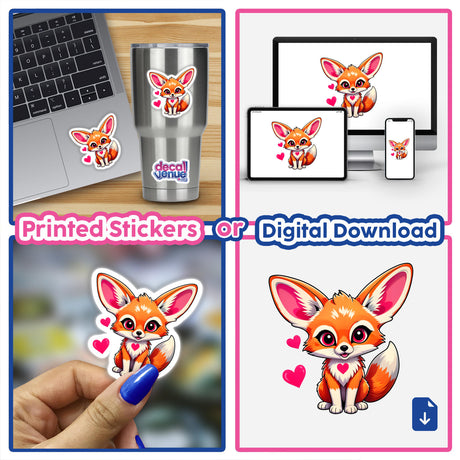 A Cute Fennec Fox With Love Hearts sticker collage featuring cartoon foxes, including a fox with pink ears and hearts, displayed on a laptop, cup, and as a digital download.