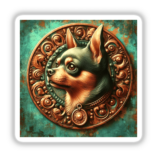 Chihuahua Medallion - Detailed digital artwork featuring a vibrant Chihuahua dog's head encased in an ornate, decorative frame on a textured green background.