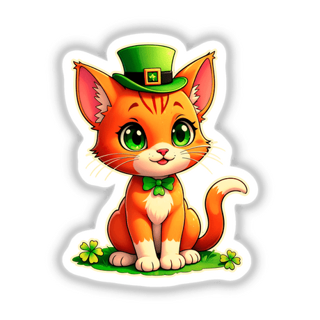 St. Patrick's Day Kitten cartoon featuring a cat in a hat with a green bow tie and clovers, available as stickers or digital artwork.