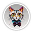 Colorful Confident Cat illustration featuring a cat with a bow tie, available as stickers or digital artwork. This whimsical depiction highlights close-up details of the cat's eyes and nose.