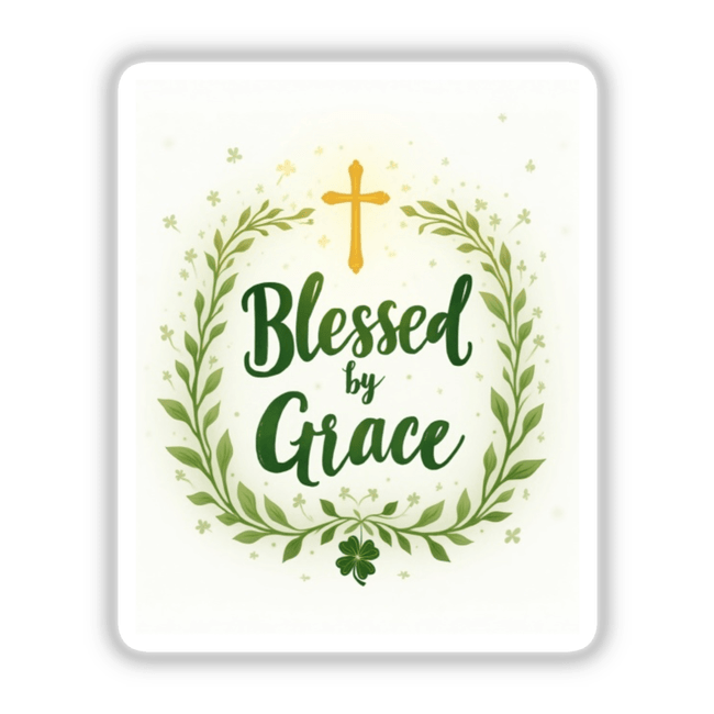 Blessed by Grace St. Patrick’s Day Sticker or Clipart features a green and gold cross encircled by leaves, embodying symbolic design, available as unique stickers or digital art from Decal Venue.