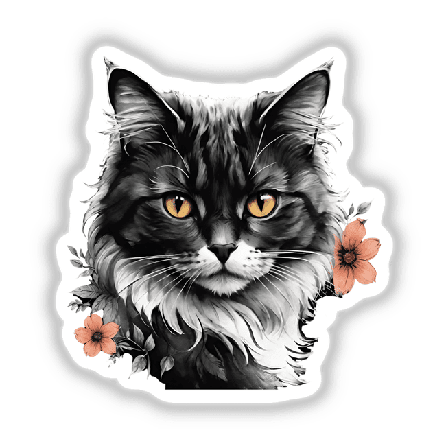 Beautiful Cat Portrait Floral Accents PA10: An artistic sketch of a domestic cat adorned with floral decorations, available as stickers or digital artwork.