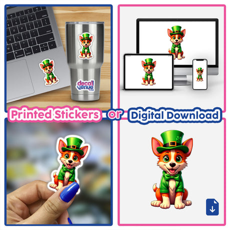 St. Patrick's Day Puppy sticker collection features a cartoon dog in a green hat and bow tie, available as stickers or digital artwork.