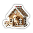 Puppy peeking out of a gingerbread house, available as stickers or digital artwork from Decal Venue.