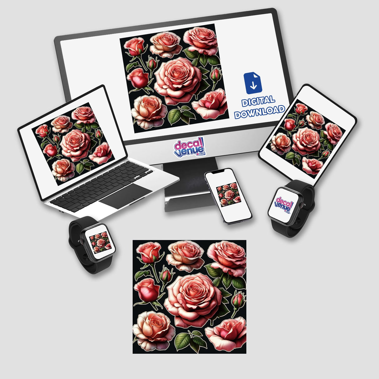 Beautiful Lush Roses digital artwork displayed on computer screens, featuring vibrant roses. Available as stickers or digital art from Decal Venue, highlighting unique vinyl sticker designs and digital creativity.