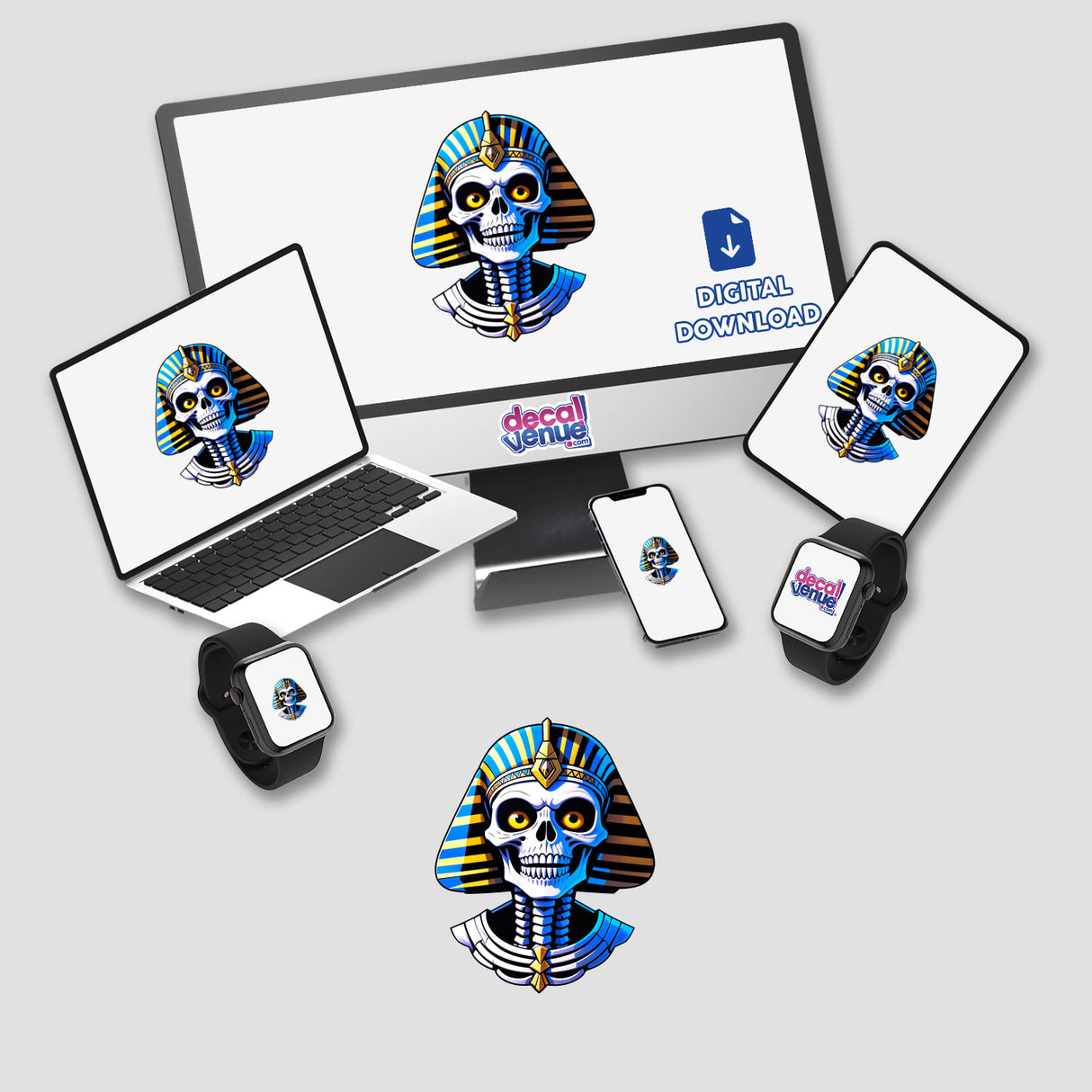 a laptop, phone, and other electronic devices with stickers on them