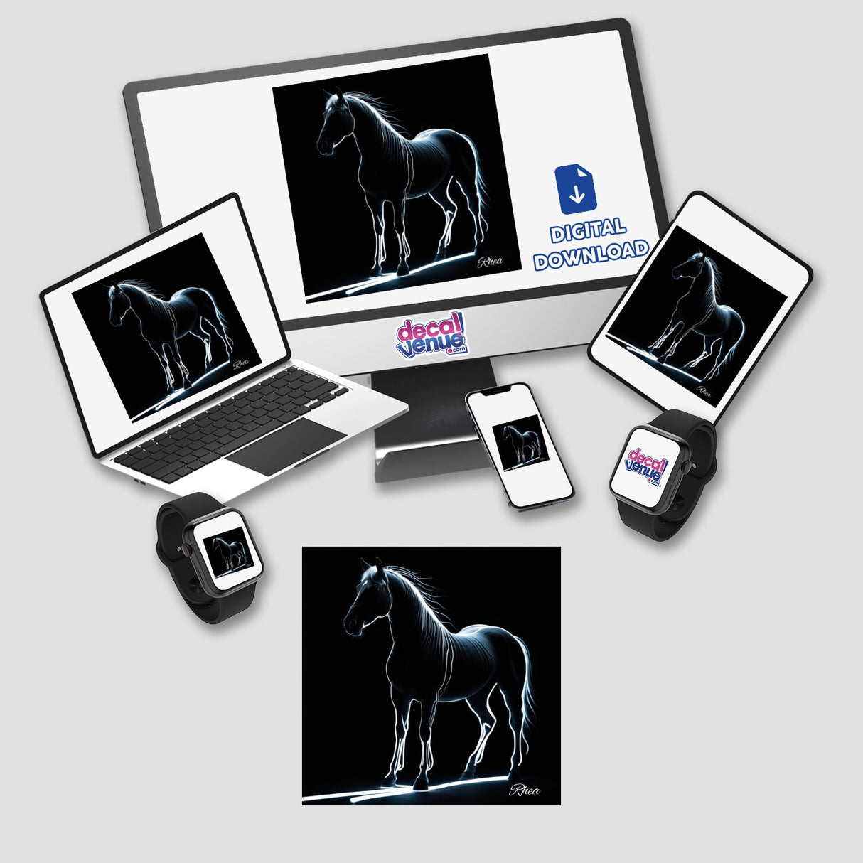 Verge of Fearlessness: A digital artwork featuring a majestic horse on a laptop screen, also displayed on a smartphone, available as unique stickers or digital art from Decal Venue.