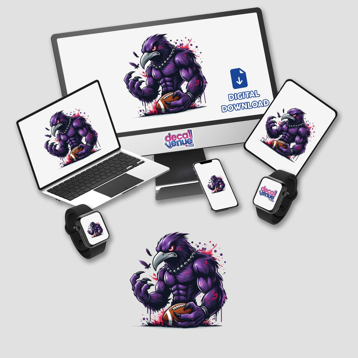 Purple Raven Bird with Football Splatter artwork displayed on a computer monitor, laptop, tablet, phone, and smartwatch screens. Available as stickers or digital artwork from Decal Venue.