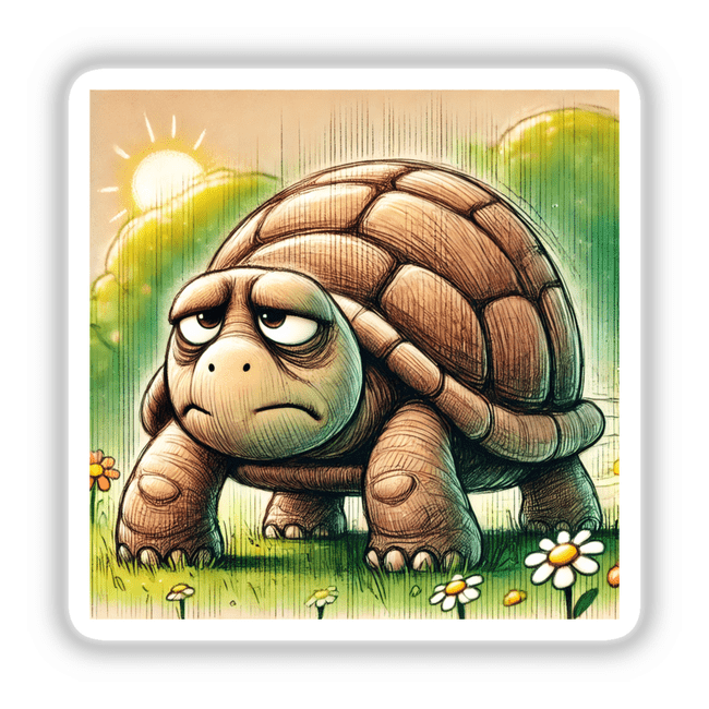 Grumpy Turtle in a Meadow cartoon, available as stickers or digital artwork, depicting a turtle with a displeased expression in a whimsical, illustrated meadow setting.