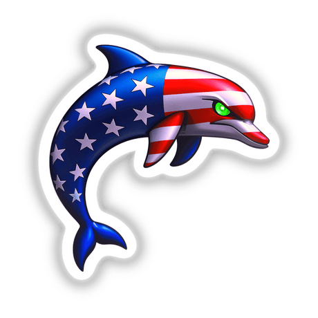 Cartoon dolphin featuring an American flag design, available as stickers or digital artwork, titled A Cool American Flag Dolphin from Decal Venue, specializing in unique stickers and digital art.