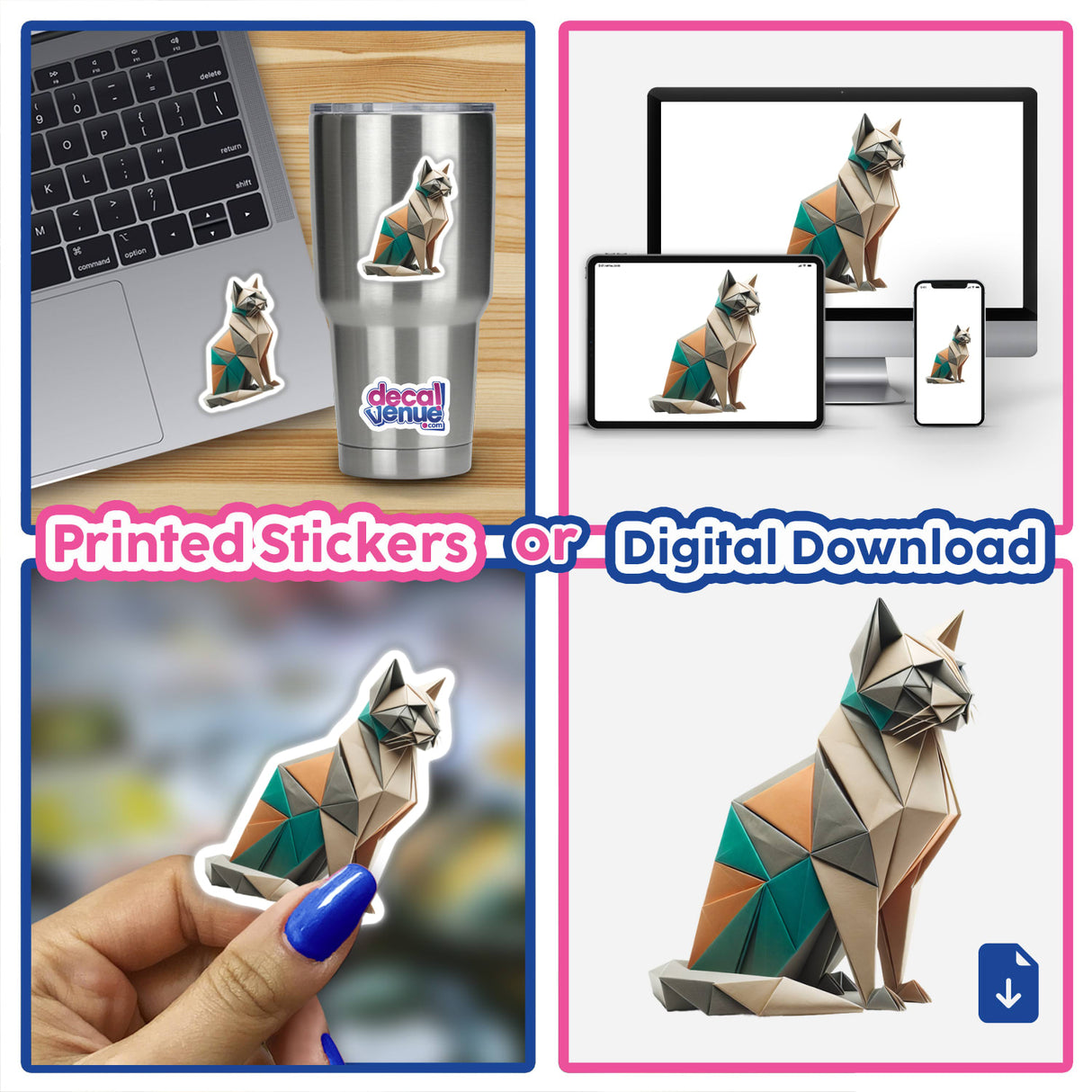 Collage featuring Origami Cat stickers and digital downloads, including a close-up of a sticker on a cup and a laptop, highlighting the unique origami cat designs.