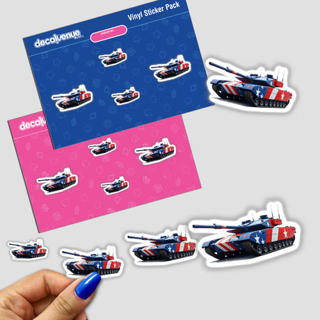 A Cool American Flag Army Tank sticker pack, featuring a hand holding the stickers, showcasing a tank design with flag elements. Available as unique stickers or digital artwork.