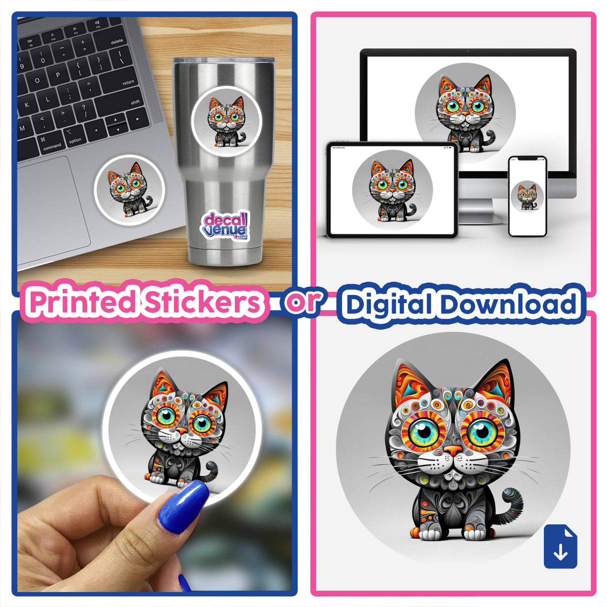 Cool Wacky Cat collage featuring a playful cat design, available as stickers or digital artwork.