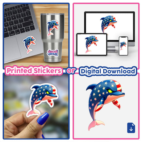 Collage featuring a Cool American Flag Dolphin sticker on a laptop, with close-ups of the cartoon dolphin holding a flag, available as stickers or digital artwork from Decal Venue.