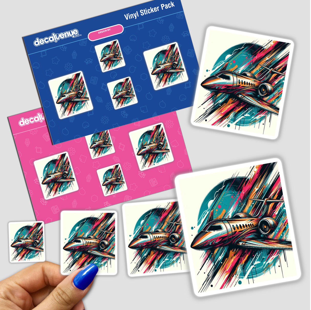 Vibrant digital artwork of a Lear Jet aircraft with bold, colorful brush strokes against a pink and blue background. The image showcases a set of vinyl stickers and digital downloads featuring this unique, abstract design from the HangLoosea Designs brand, available through the Decal Venue online store.