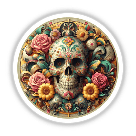 Day of the Dead skull adorned with intricate flowers and leaves, available as a sticker or digital artwork, exemplifying Decal Venue's unique art style.