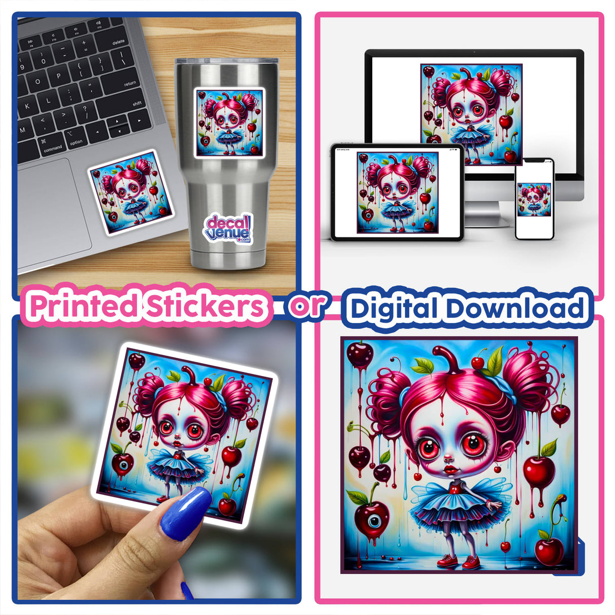 Bratty Princess Doll of Cherries collage features cartoon girl imagery, including a sticker on a keyboard and digital artwork, highlighting Decal Venue's unique sticker and digital art offerings.