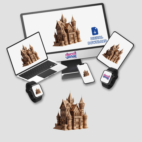 Carved Wood Castle depicted on a computer monitor and laptop, available as stickers or digital artwork. Ideal for fans of unique digital art and stickers from Decal Venue.