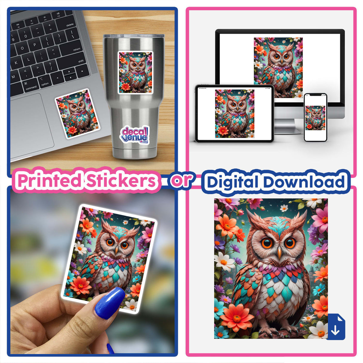 A Lovely Owl With Blooming Flowers collage showcasing stickers and digital artwork featuring a cartoon owl adorned with vibrant flowers, designed for laptops and devices.