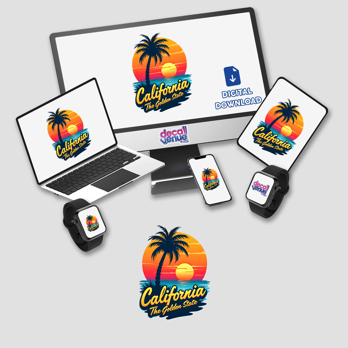 California The Golden State stickers and digital artwork featuring a palm tree and sunset logo displayed on a computer monitor, laptop, and smartphone.