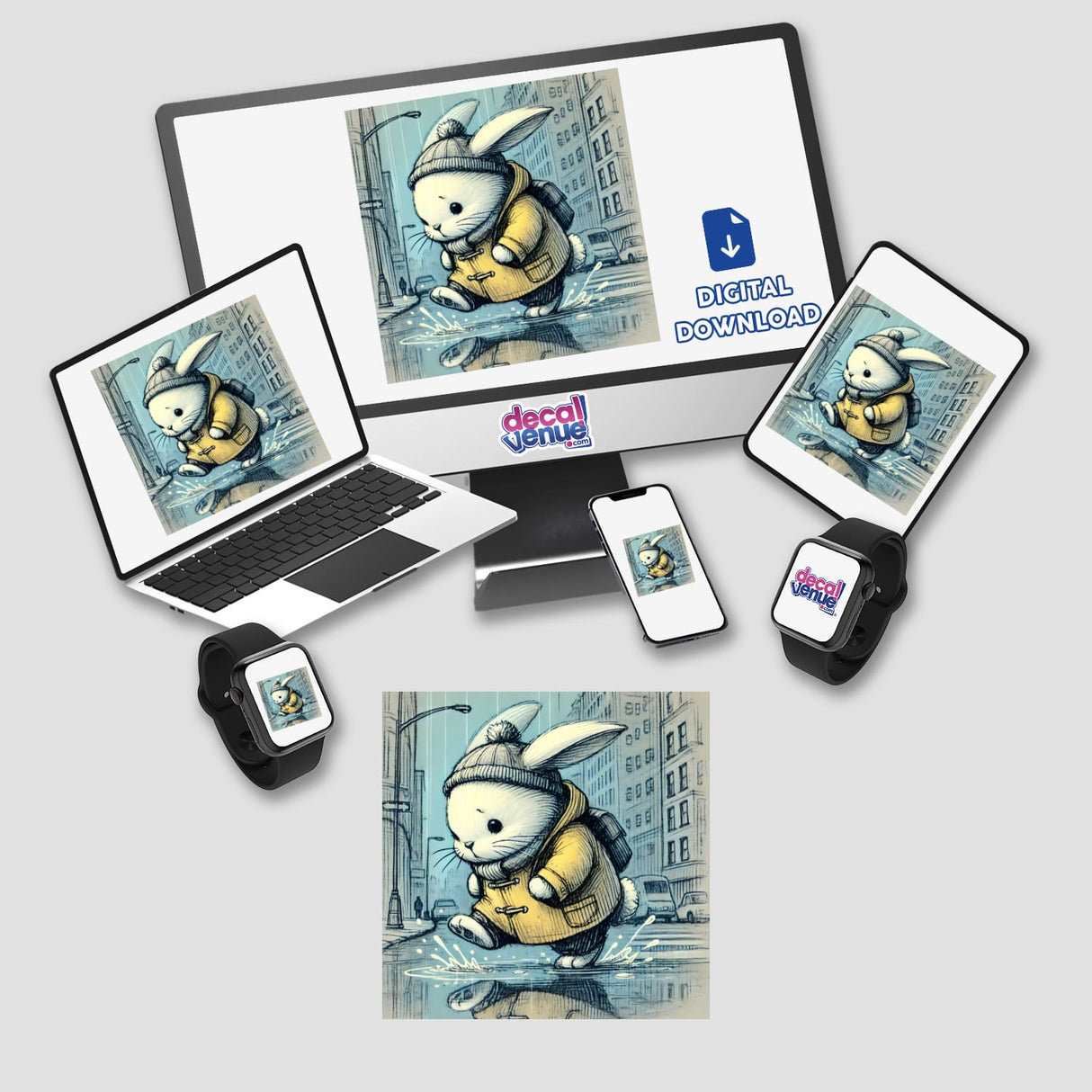 Frowning Rabbit in a Raincoat stickers or digital artwork displayed on a computer monitor, laptop, tablet, and smartwatch screen, showing a cartoon rabbit in a hat and coat.