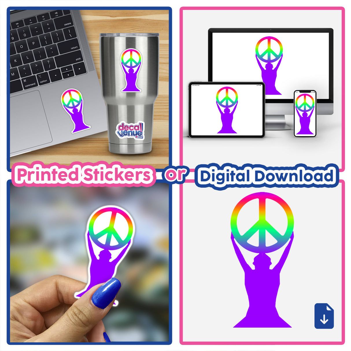 Collage featuring the Peace Sign as stickers and digital artwork. Includes images of a peace sign on a laptop and a silver cup, emphasizing its versatile application.