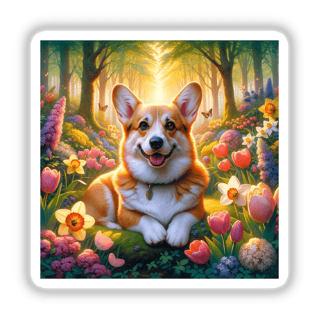 Corgi in a Whimsical Forest Clearing Watercolor Illustration featuring a charming corgi surrounded by vibrant flowers, available as stickers or digital artwork.