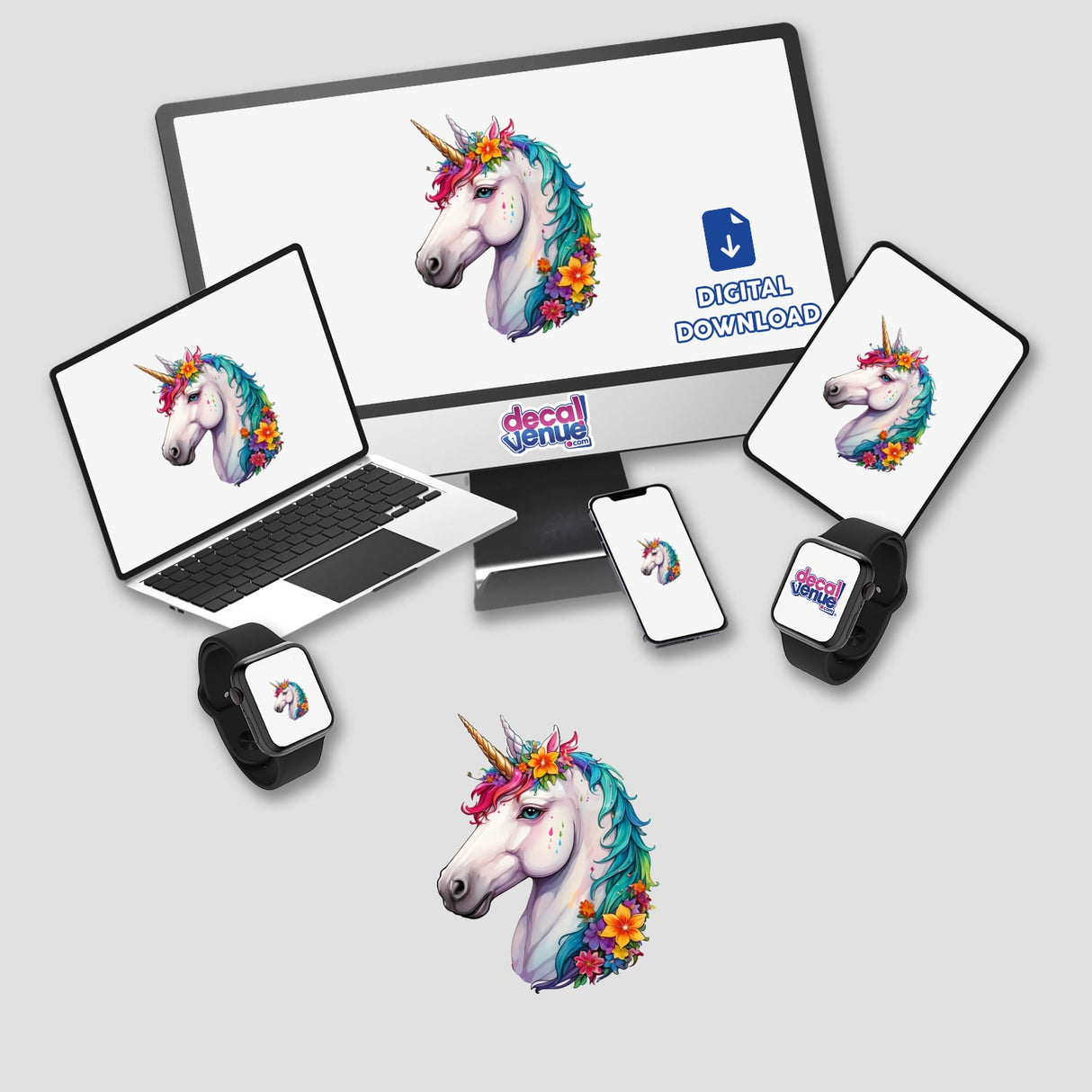 Computer monitor and laptop displaying unicorn images with floral details, offered as stickers or digital artwork.