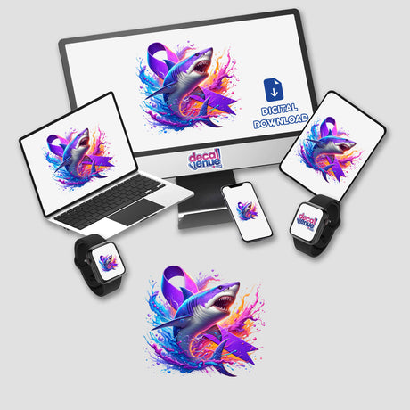 Shark Purple Awareness Ribbon design displayed on a computer monitor and laptop, showcasing options for stickers or digital artwork from Decal Venue.