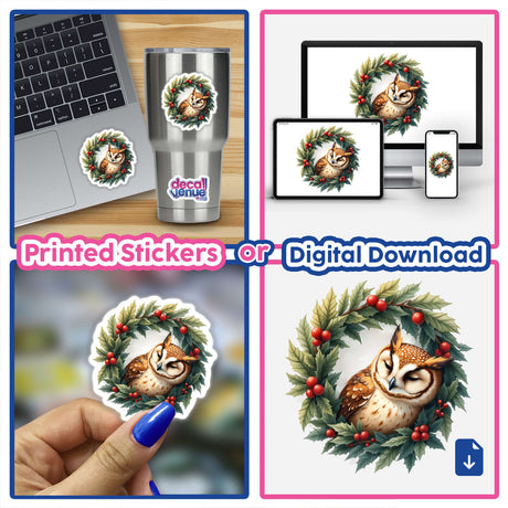 Sleepy Owl in a Christmas Wreath sticker collage, featuring whimsical owls nestled in festive wreaths, available as stickers or digital artwork from Decal Venue.