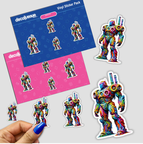 Neon Impasto Mech – Psychedelic Abstract Robot stickers displayed on a surface, featuring vibrant, intricate designs. Perfect for collectors and enthusiasts seeking unique, eye-catching decals from Decal Venue.