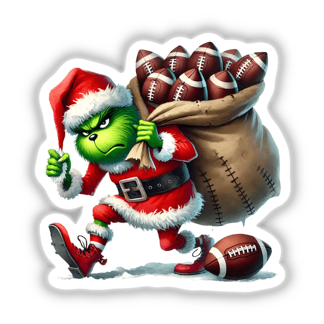 Santa Green Grouch Who Stole Football: A cartoon green character in Santa attire carries a sack filled with footballs. Available as stickers or digital artwork from Decal Venue.