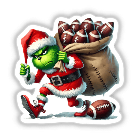 Santa Green Grouch Who Stole Football: A cartoon green character in Santa attire carries a sack filled with footballs. Available as stickers or digital artwork from Decal Venue.