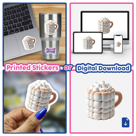 Marshmallow Coffee Cup depicted in a collage showcasing a mug filled with marshmallows, highlighting its unique design available as stickers or digital artwork from Decal Venue.