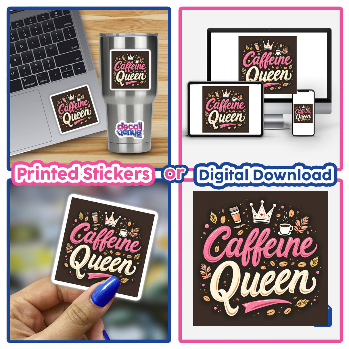 Caffeine Queen Sticker featuring fun coffee clipart, perfect for espresso lovers and coffee queens. Displayed on a laptop, emphasizing its vibrant, playful design for coffee enthusiasts.