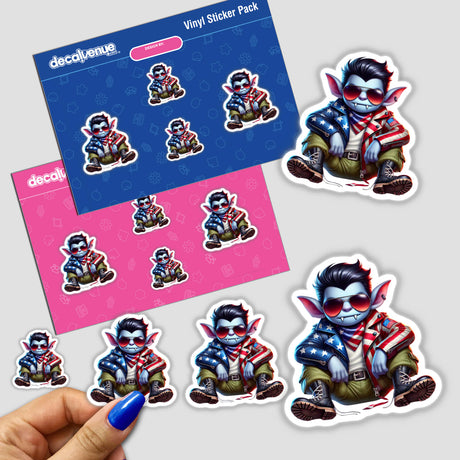 Patriotic leather vampire aviator stickers featuring cartoon-style vampire characters in stylish American-themed outfits and sunglasses, displayed in a sticker pack from Decal Venue, an online store specializing in unique digital art and stickers.