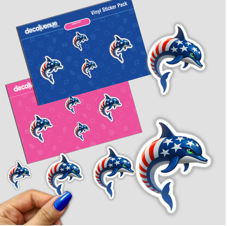 A Cool American Flag Dolphin sticker featuring cartoon dolphins adorned with stars and stripes, available as both stickers and digital artwork.