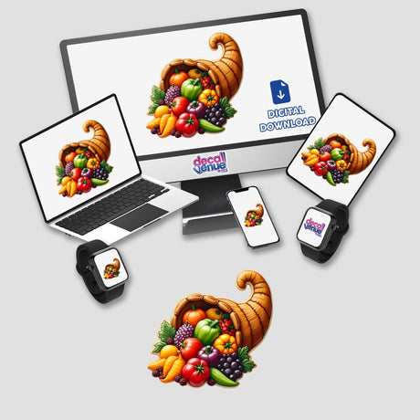 Cornucopia with Colorful Fruits and Vegetables displayed on various devices, including a laptop, tablet, smartphone, and smartwatch, available as stickers or digital artwork from Decal Venue.