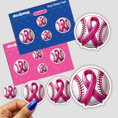 Baseball Pink Ribbon Breast Cancer sticker featuring a baseball adorned with pink ribbons, symbolizing breast cancer awareness. Available as stickers or digital artwork from Decal Venue.