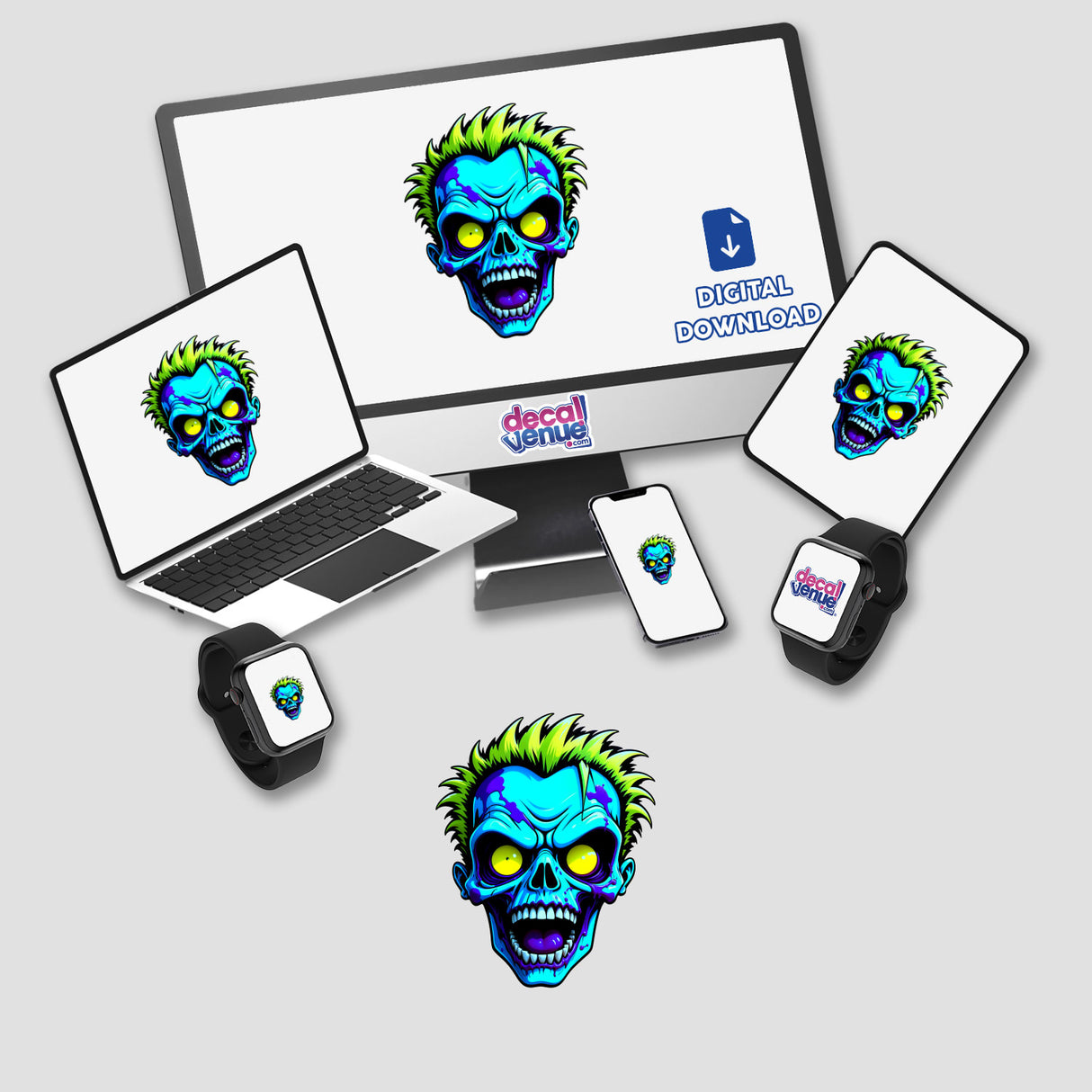 A Cool Neon Punk Zombie Skull design on a computer monitor and laptop screen, available as stickers or digital artwork from Decal Venue.