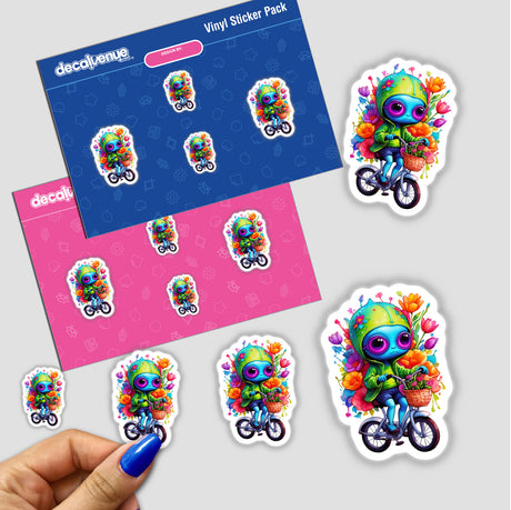 Hand with blue nail polish holding a sticker from the 'Alien Biker: Floral Splash Rainbow' collection, featuring a cartoon character riding a bicycle with flowers. Part of Decal Venue's unique stickers and digital art collection.