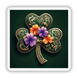 Elegant Gold Filigree Shamrock with Vibrant Four-Leaf Clovers – St. Patrick’s Day Art featuring intricate green clovers adorned with gold and purple flowers, available as stickers or digital artwork.