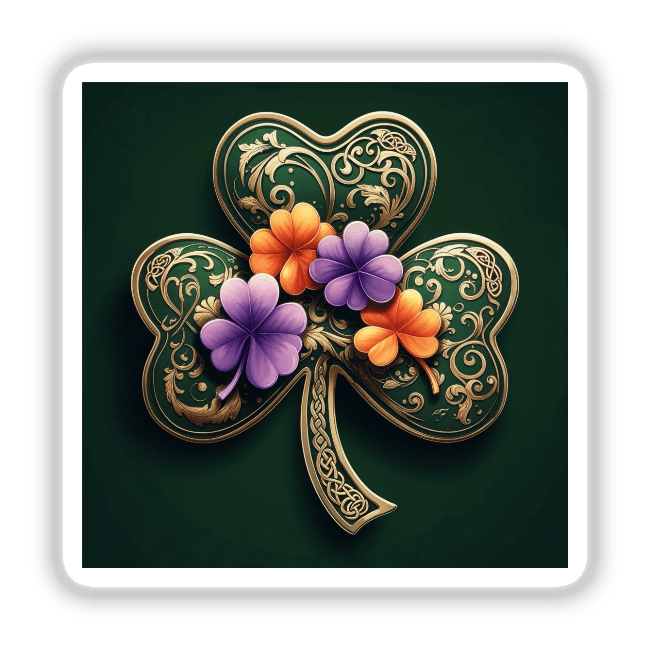 Elegant Gold Filigree Shamrock with Vibrant Four-Leaf Clovers – St. Patrick’s Day Art featuring intricate green clovers adorned with gold and purple flowers, available as stickers or digital artwork.