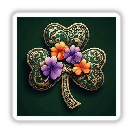 Elegant Gold Filigree Shamrock with Vibrant Four-Leaf Clovers – St. Patrick’s Day Art featuring intricate green clovers adorned with gold and purple flowers, available as stickers or digital artwork.