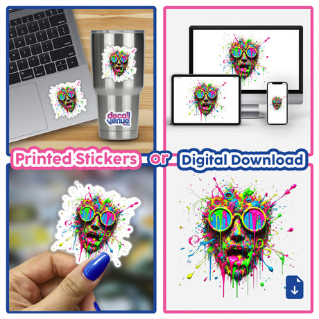 Neon Psychedelic Splatter Face sticker or digital artwork featuring vibrant, dripping paint design, suitable for personalizing laptops or digital screens.