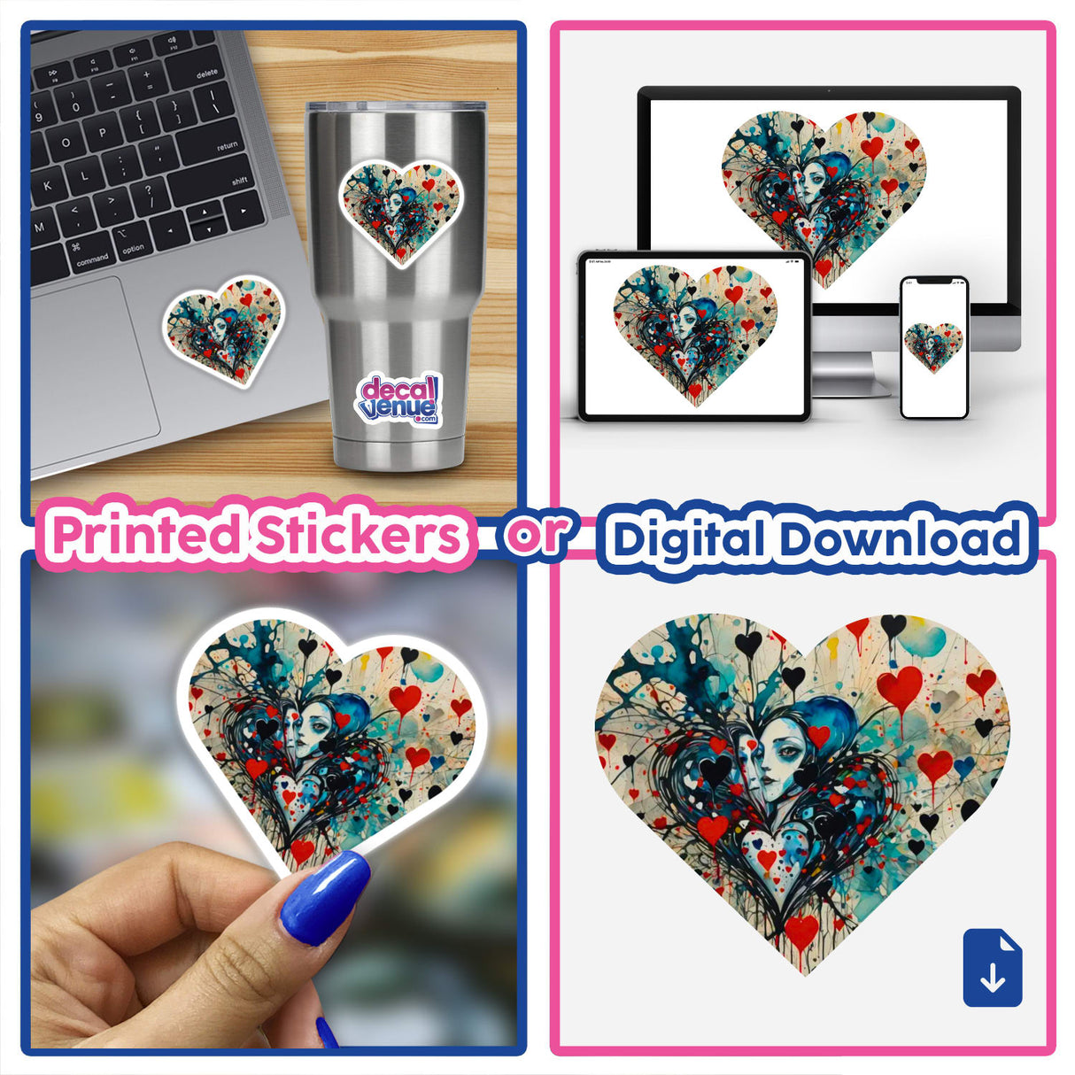 Collage featuring It's about Love stickers and digital artwork, highlighting heart shapes and women's faces, perfect for laptops, embodying Decal Venue's unique artistry.