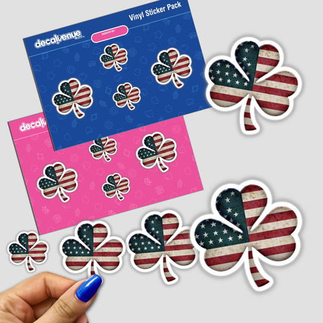 Sticker pack featuring the American Celtic Knot Shamrock, showcasing clovers with an American flag design. Available as vinyl stickers or digital artwork, ideal for unique and patriotic decor.