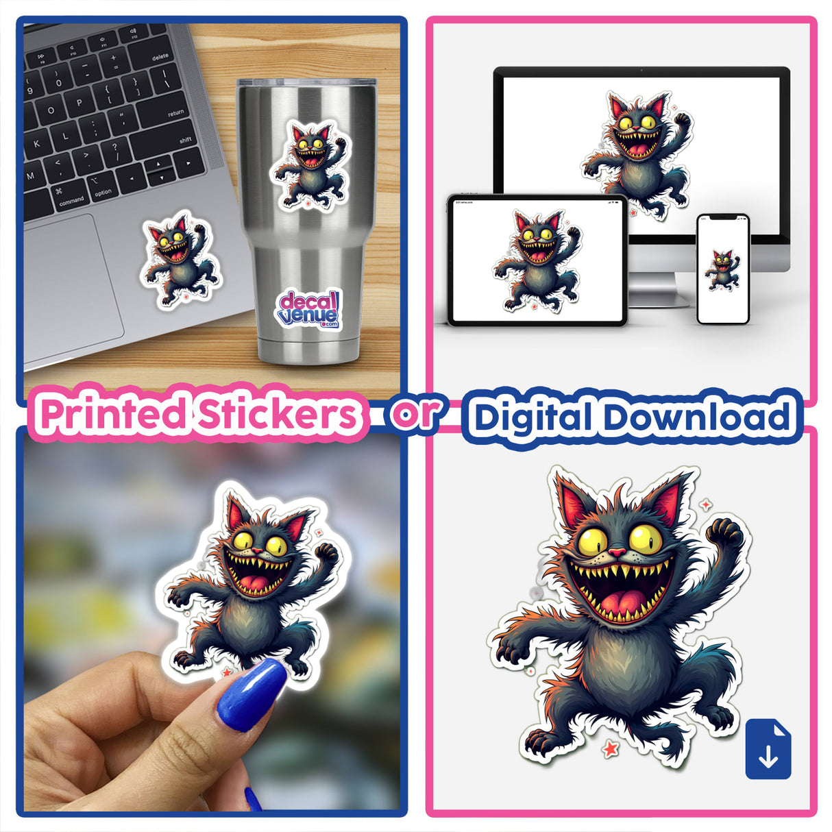 Gato Acelerado sticker collage featuring a cartoon cat with yellow eyes and sharp teeth, displayed on a laptop and a cup. Available as stickers or digital artwork.