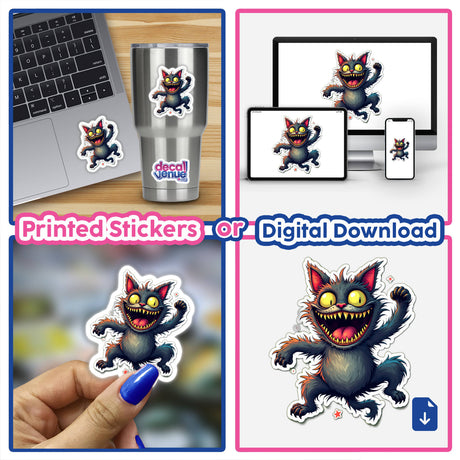 Gato Acelerado sticker collage featuring a cartoon cat with yellow eyes and sharp teeth, displayed on a laptop and a cup. Available as stickers or digital artwork.