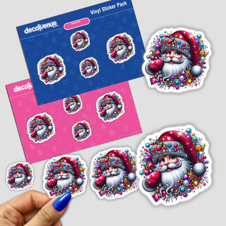 Colorful Christmas Jeweled Santa Claus Face sticker, featuring a detailed cartoon Santa design, alongside a hand for scale. Available as stickers or digital artwork from Decal Venue.